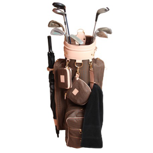 Luxurious and functional golf bag handmade combining high quality cowskin leather with houndstooth canvas.