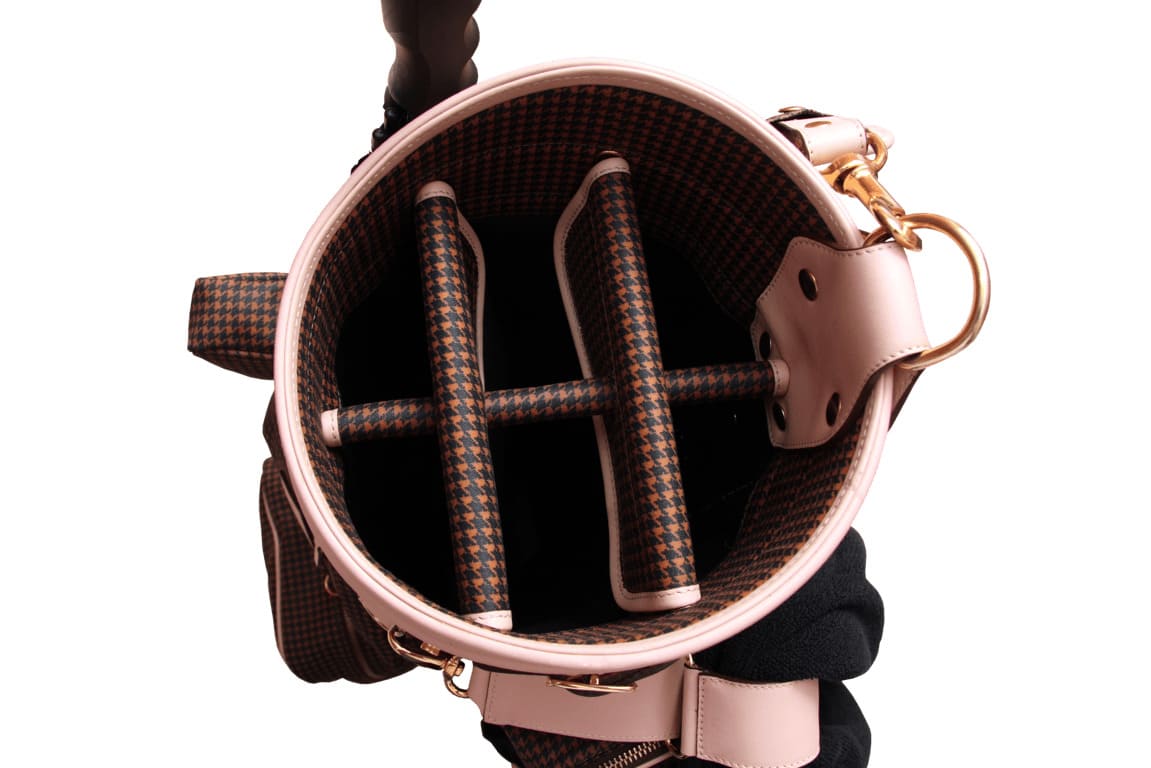 Top view of the women's golf bag featuring the houndstooth lining and padded dividers