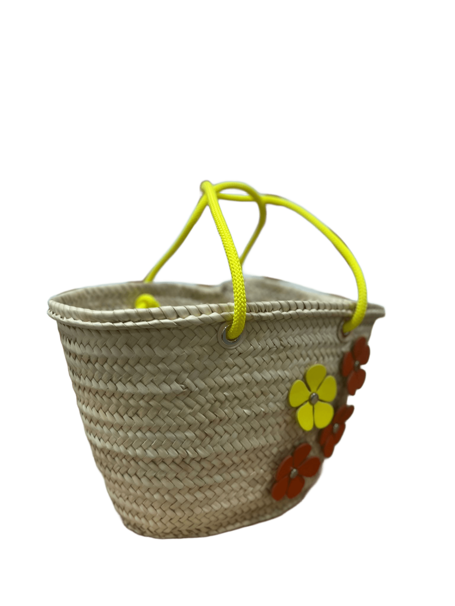 Bolso capazo hojas de palma y flores de piel amarillla y cuero vista derecha