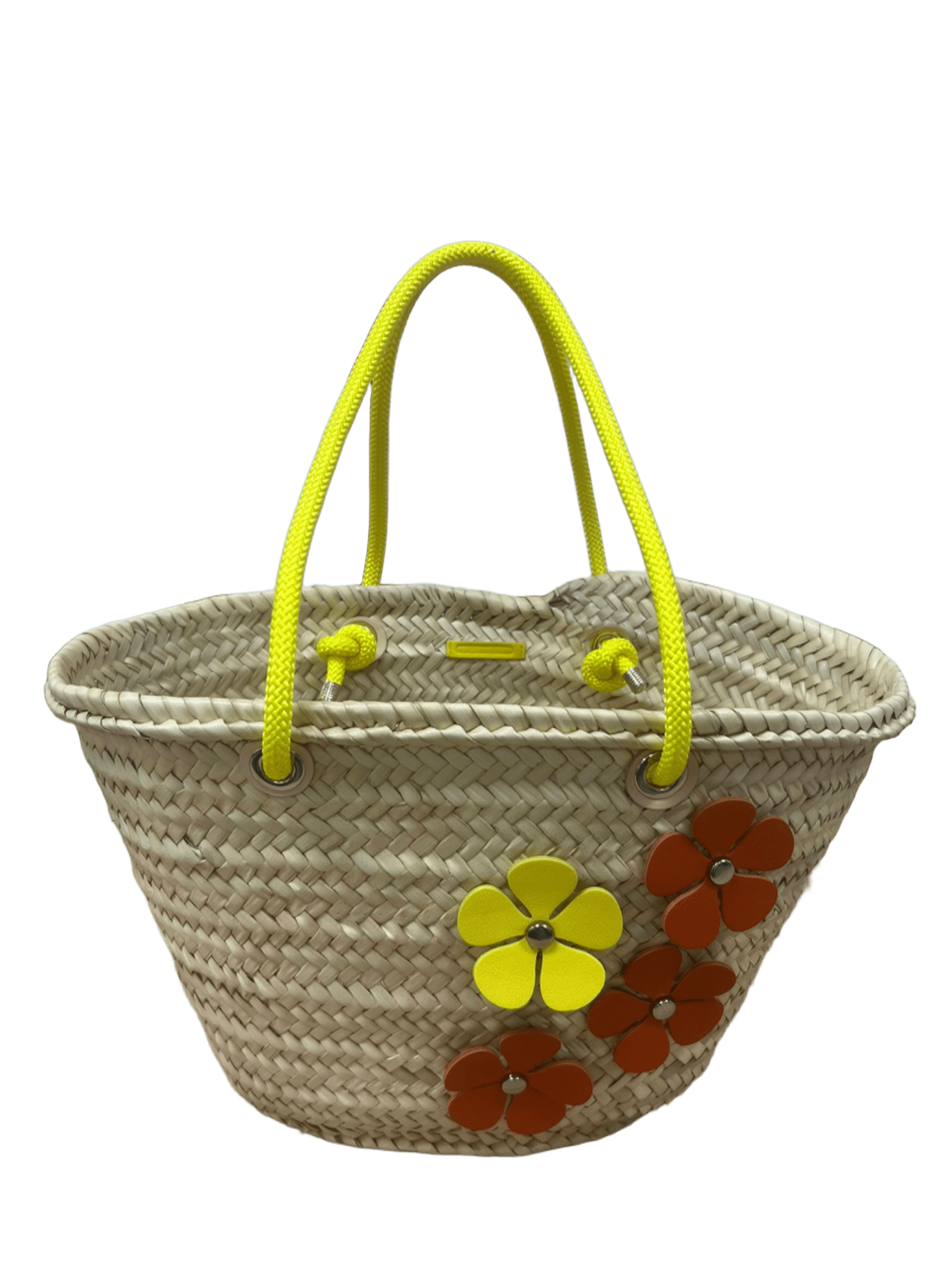 Bolso capazo hojas de palma y flores de piel amarillla y cuero zoom