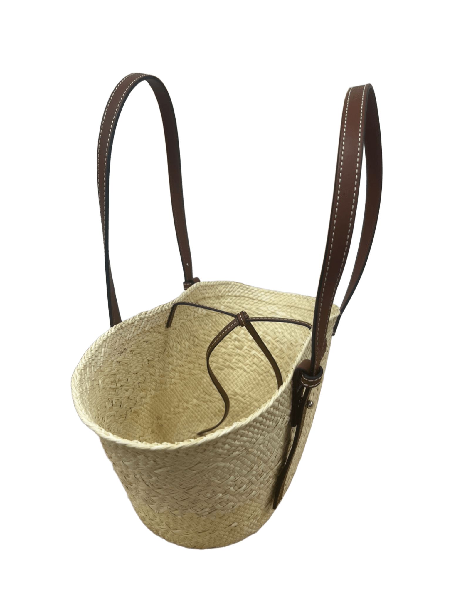 Bolso capazo palma de Iraca y piel marrón vista interior