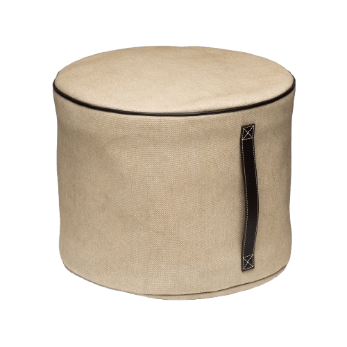 MEDIUM BEIGE CANVAS POUF WITH BROWN LEATHER HANDLE