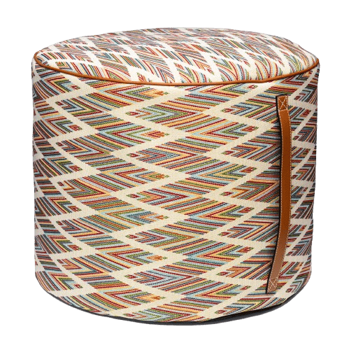 MEDIUM ETHNIC CANVAS POUF WITH LEATHER HANDLE