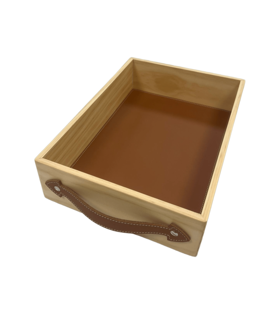 Bandeja para almacenamiento de madera y piel marrón