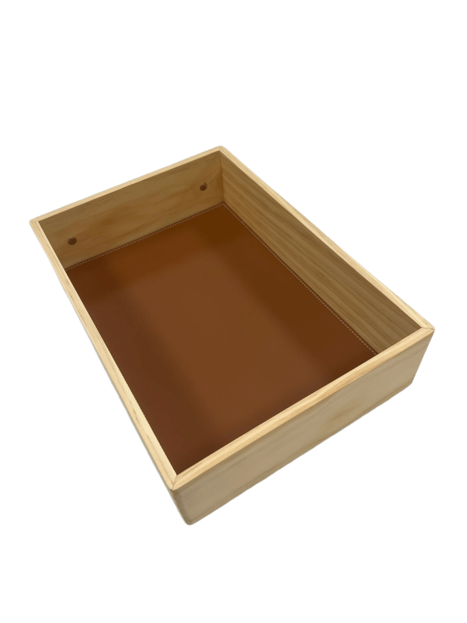 Bandeja para almacenamiento de madera y pie marrón vista trasera