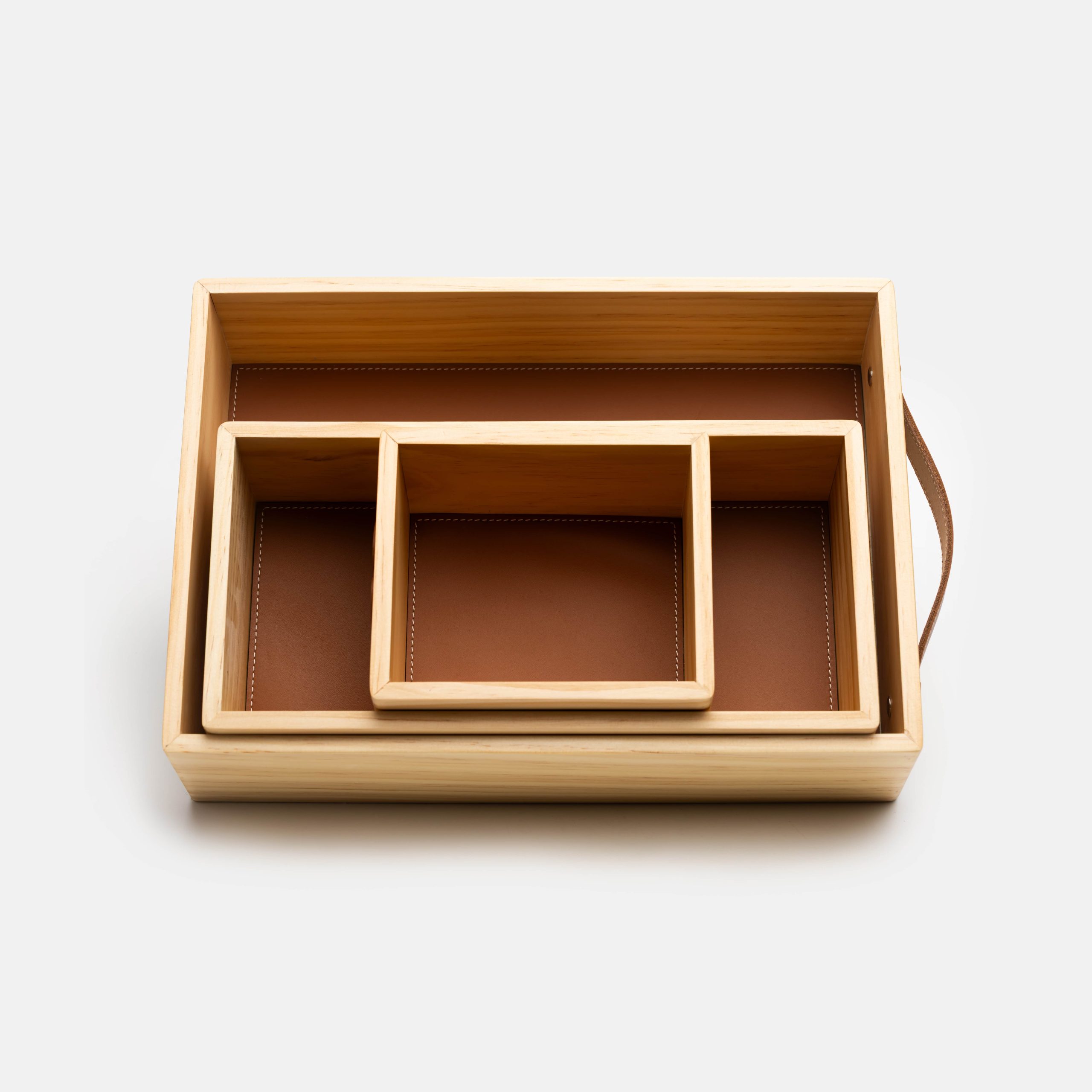 Set of three wooden and leather trays