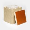 Wooden and leather box with natural woollen blanket open with inner blanket