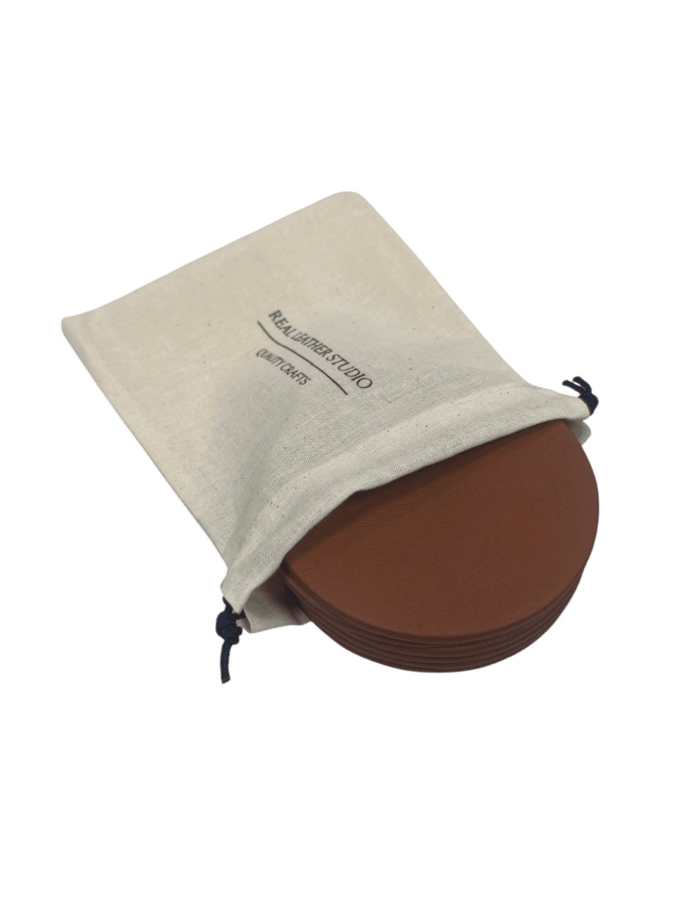 Bolsa de tela de algodón "Real Leather Studio" para guardar el posavasos redondo.